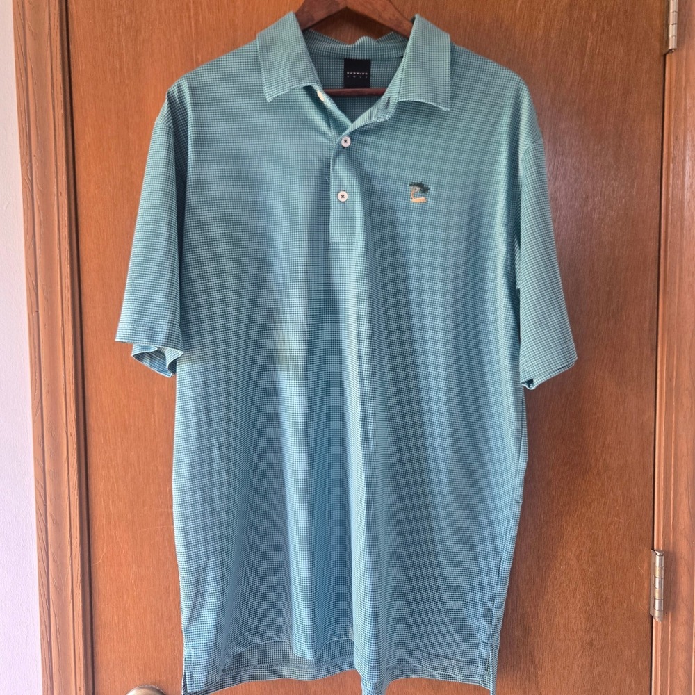 Dunning Golf Mens XL Teal Micro Check Performance Polo Shirt Pebble Beach Logo